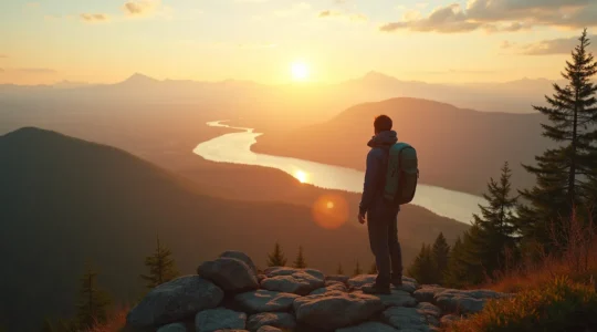 Un voyageur contemplant un paysage varié du Québec avec des éléments symboliques représentant différentes histoires et thèmes de voyage