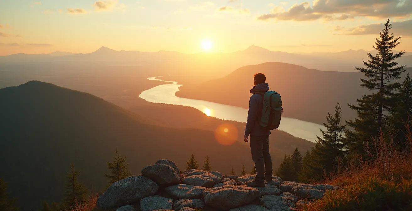 Un voyageur contemplant un paysage varié du Québec avec des éléments symboliques représentant différentes histoires et thèmes de voyage