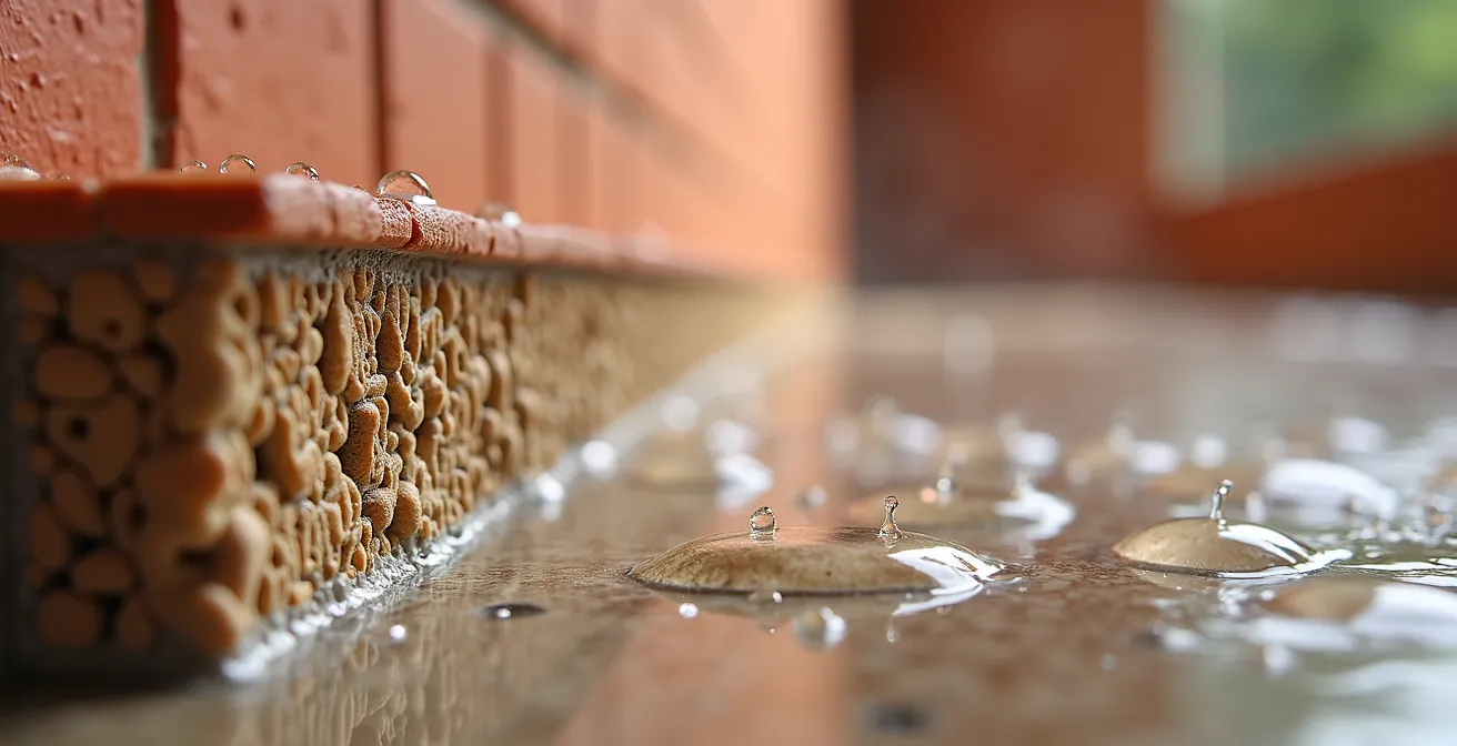 Coupe architecturale montrant les adaptations d'une maison aux défis climatiques futurs