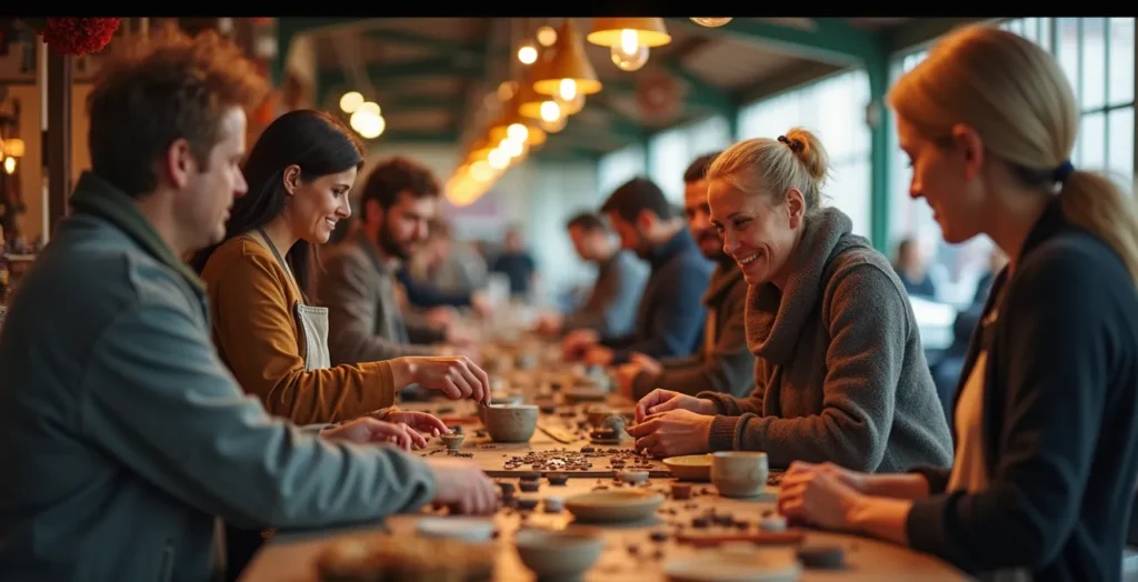 Scène montrant des artisans locaux, un marché typique et des événements culturels authentiques au Québec