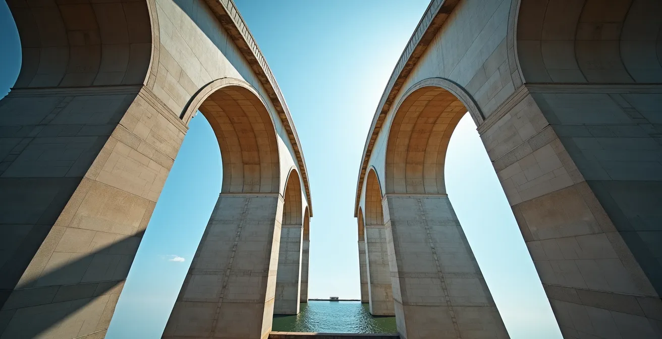 Vue architecturale impressionnante du barrage Daniel-Johnson avec ses arches multiples en béton