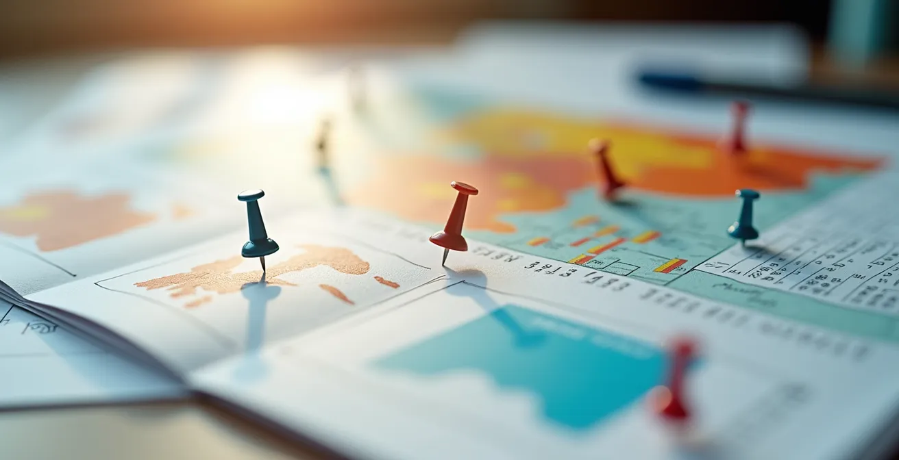 Vue macro de pages de calendrier avec marquages colorés indiquant l'intensité touristique