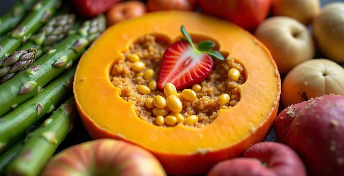 Gros plan macro sur des produits saisonniers québécois disposés en cercle représentant les saisons