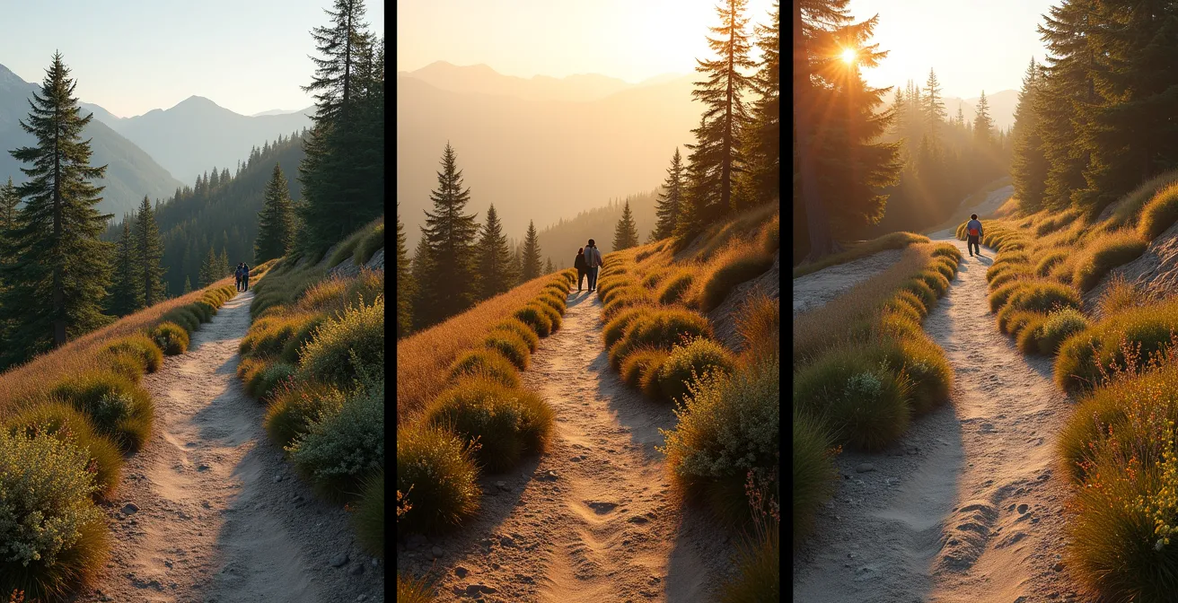 Visualisation conceptuelle de la capacité de charge d'un sentier avec trois niveaux de densité de visiteurs