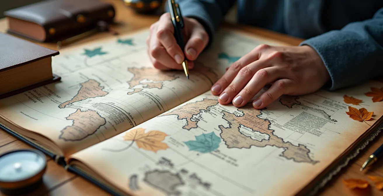 Gros plan sur des mains organisant des cartes conceptuelles et notes de voyage sur une table de travail