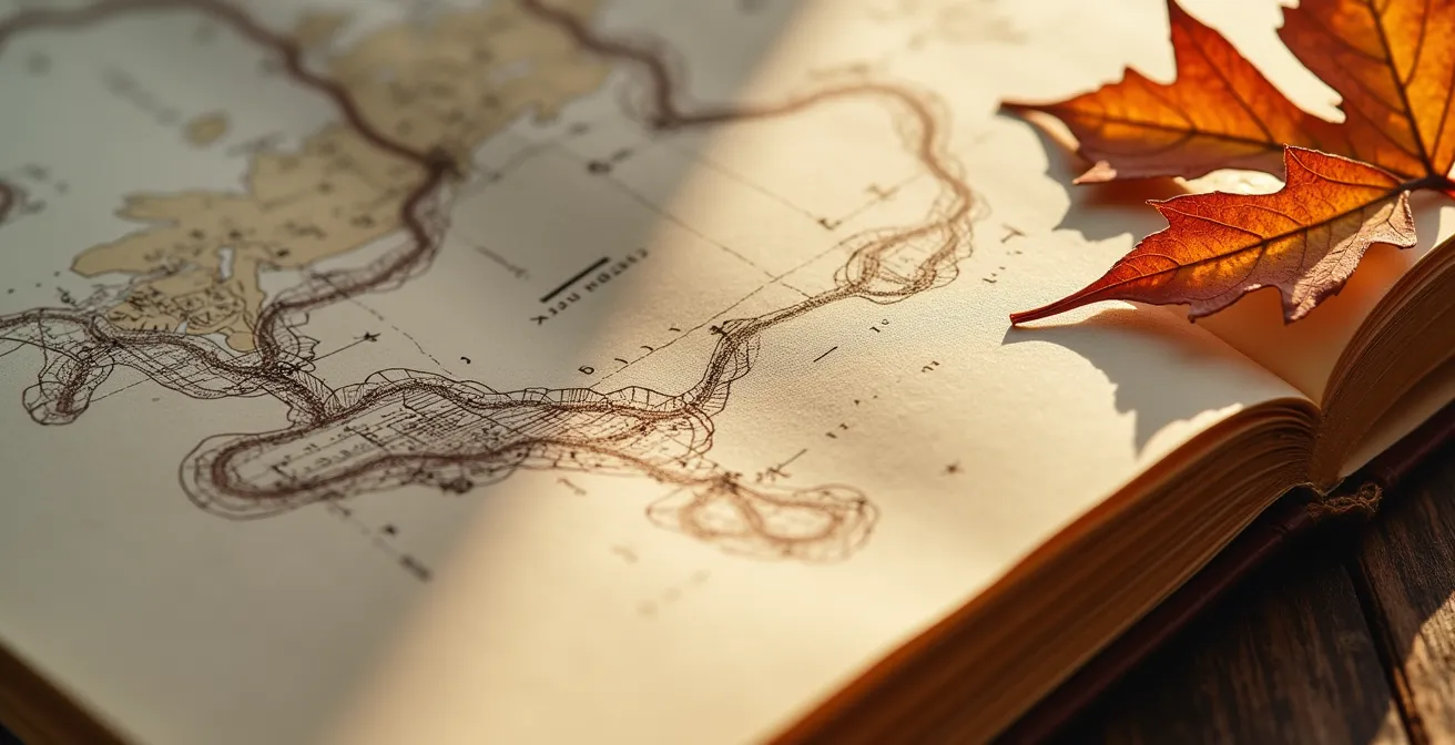 Carnet de voyage ouvert avec croquis de carte et notes manuscrites