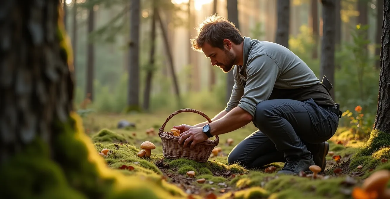 Chef québécois cueillant des champignons sauvages en forêt boréale