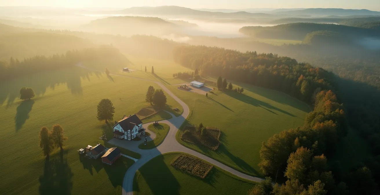 Vue aérienne d'un réseau de fermes locales connectées à un établissement hôtelier au Québec.