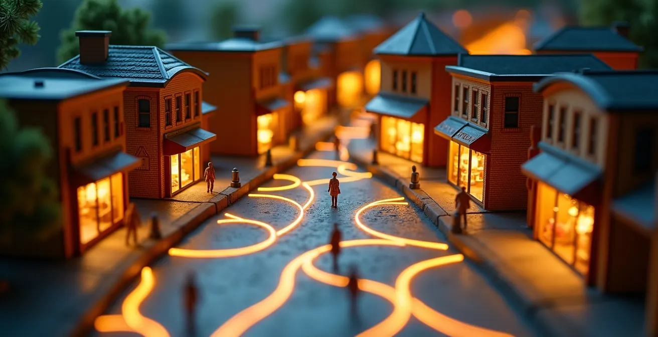 Carte visuelle d'un parcours client reliant plusieurs commerces d'un quartier québécois