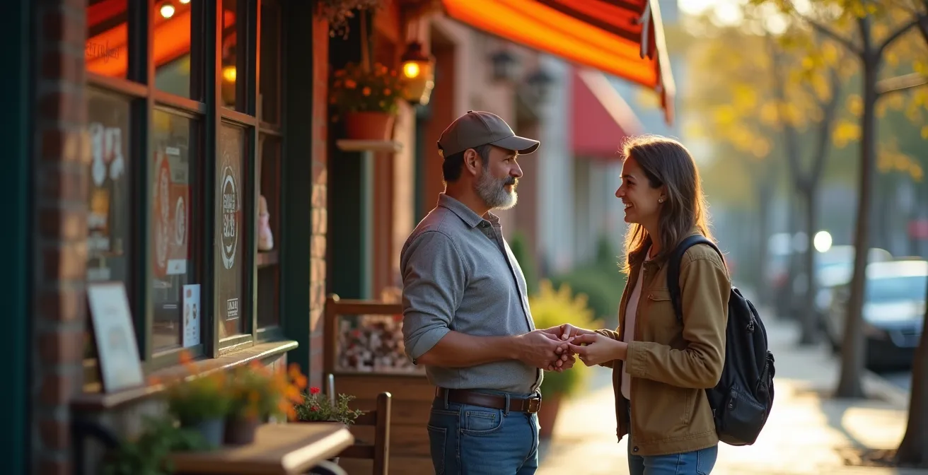 Devanture chaleureuse d'un petit commerce local avec des clients discutant à l'extérieur