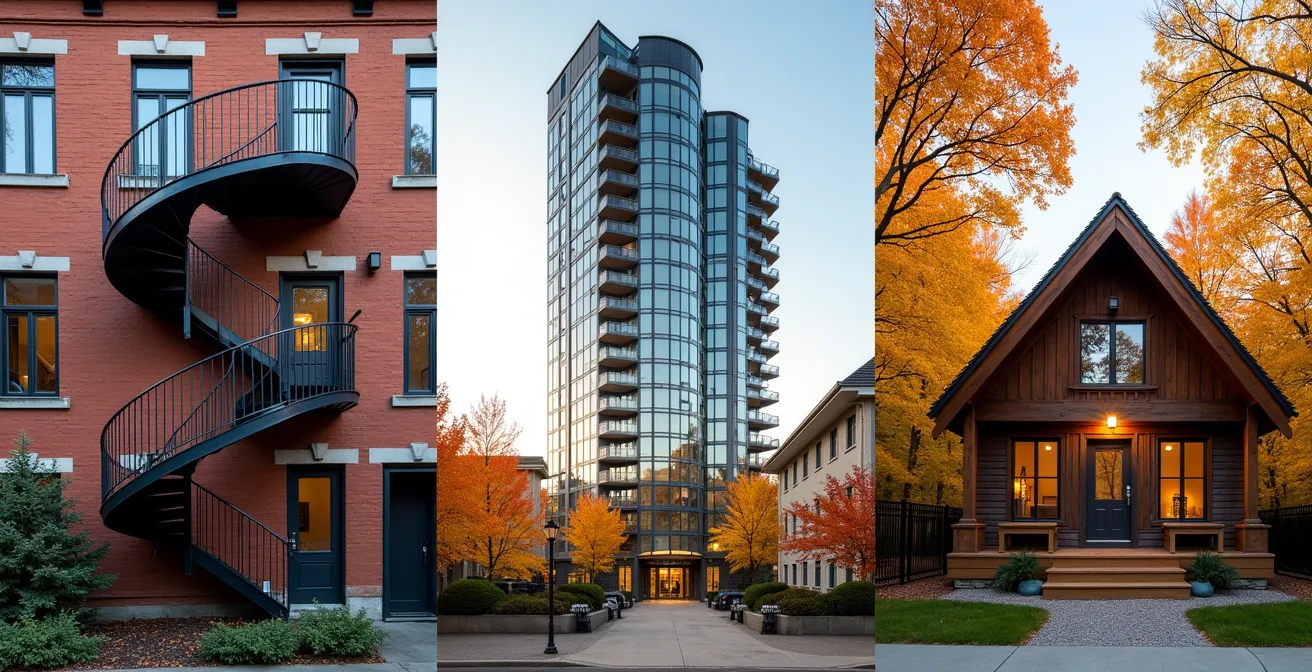 Composition triptyque montrant un triplex traditionnel québécois, un condo moderne et un chalet rustique dans un paysage naturel