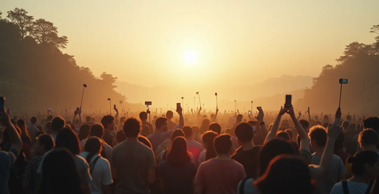 Diptyque montrant le même lieu naturel bondé de touristes versus paisible avec peu de visiteurs