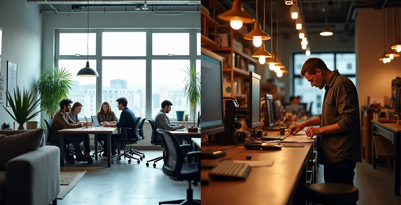 Juxtaposition visuelle entre un espace de coworking moderne et un atelier manufacturier traditionnel