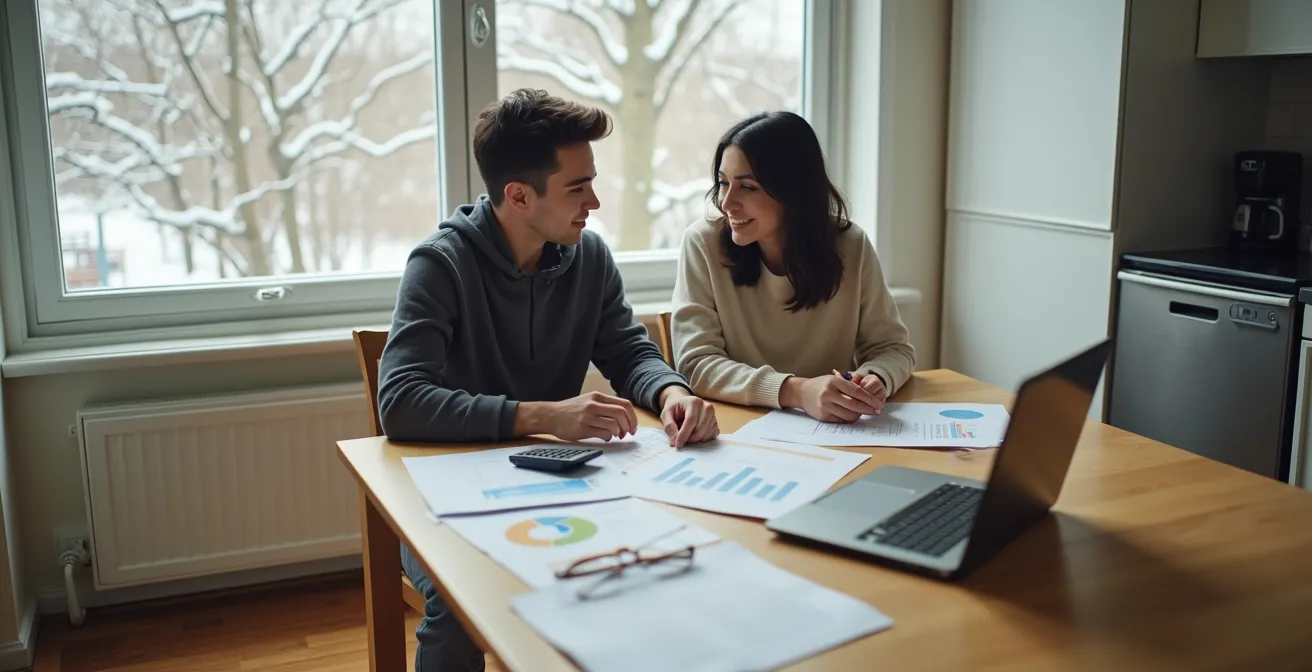 Couple consultant des documents financiers dans leur cuisine québécoise avec calculatrice et ordinateur portable