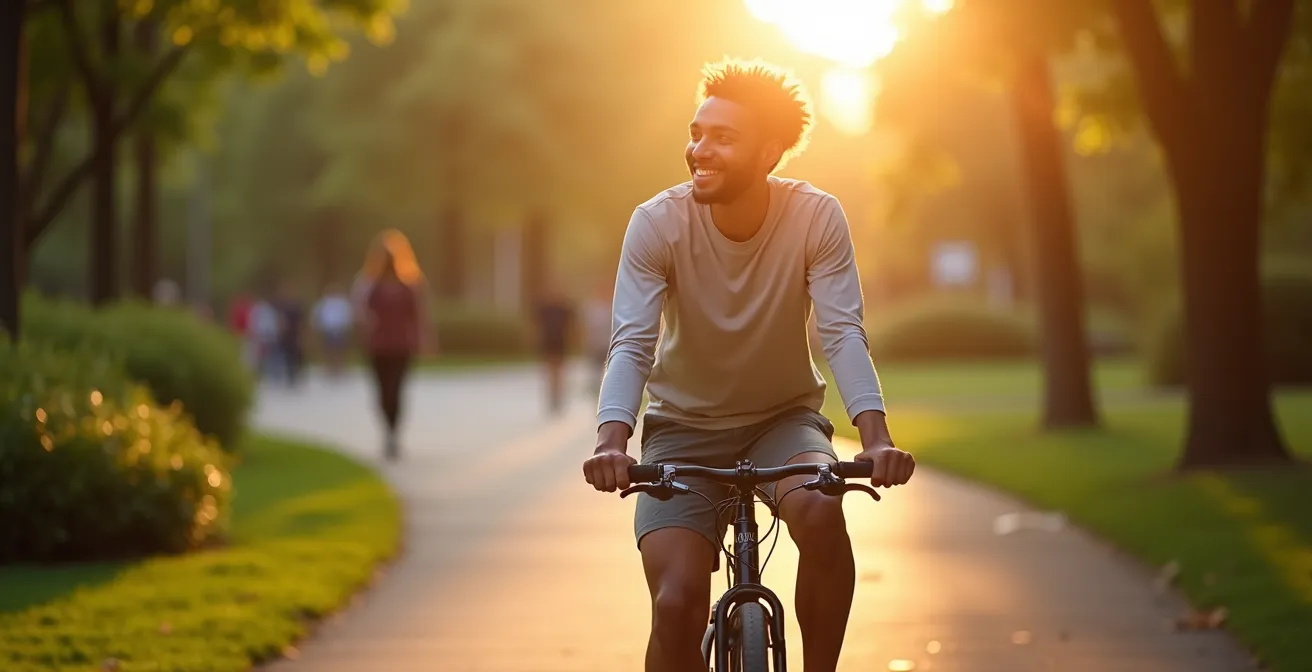 Cycliste souriant traversant un parc urbain baigné de lumière matinale, illustrant le bien-être du transport actif.