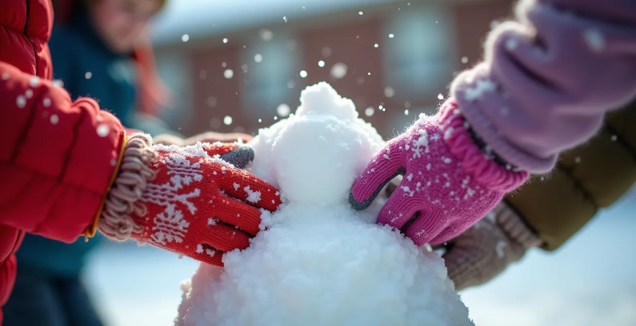 Enfants jouant dans la cour de récréation enneigée d'une école primaire québécoise
