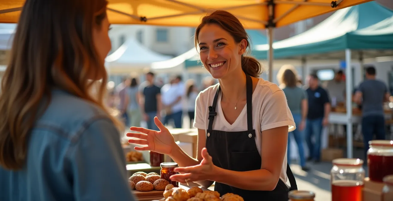 Portrait d'un entrepreneur souriant derrière son étal de marché en pleine interaction avec des clients