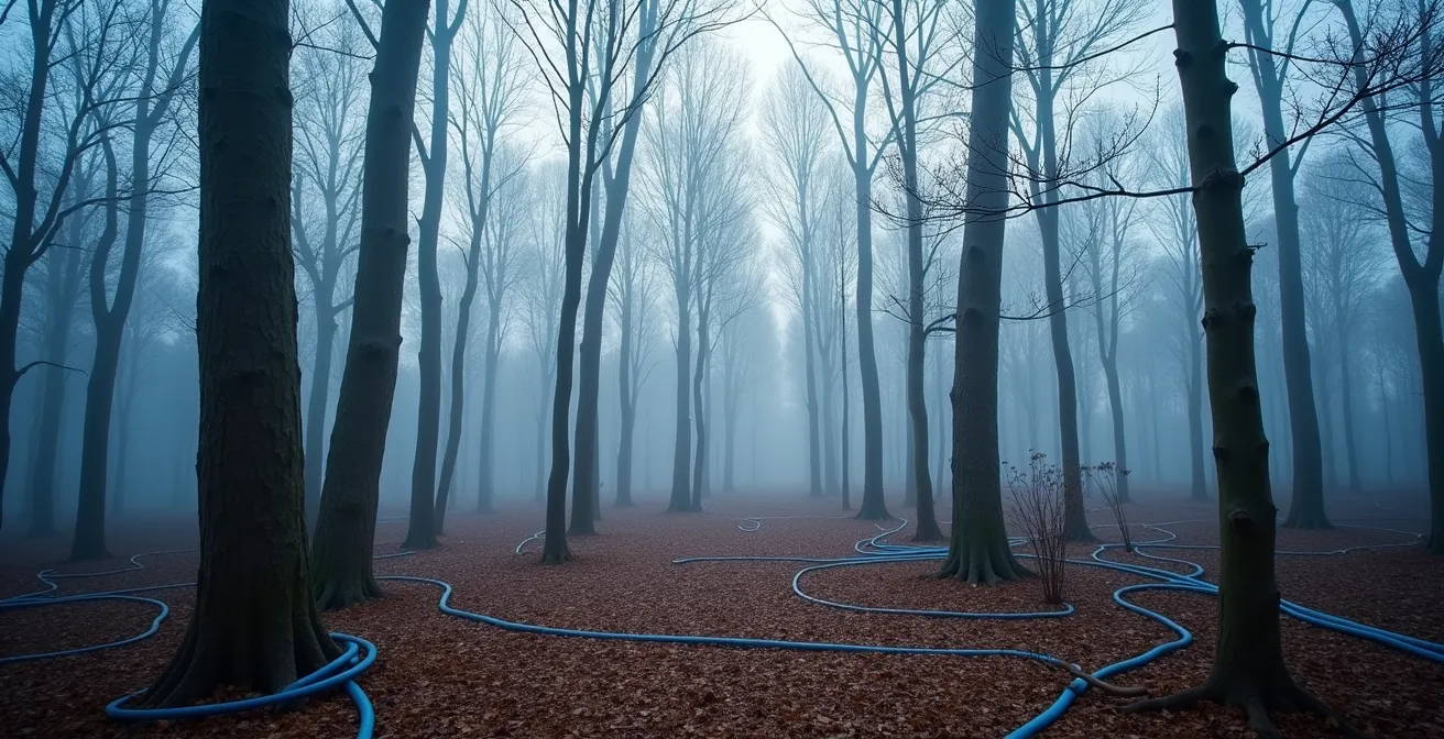 Érablière québécoise au printemps avec des tubulures bleues serpentant entre les érables et la lumière filtrant à travers les branches