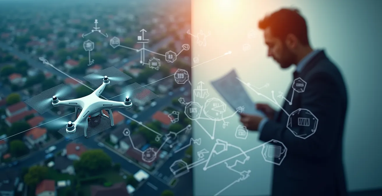 Vue aérienne montrant une propriété résidentielle avec des lignes de mesure géométriques superposées