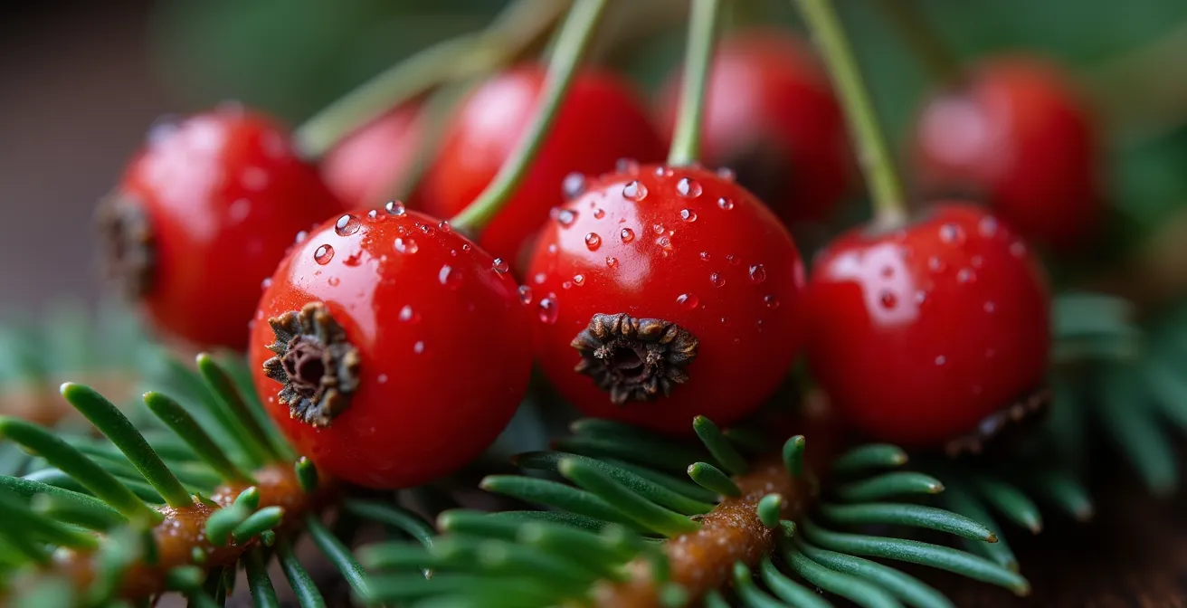 Gros plan sur des baies de camerise et des branches de sapin baumier
