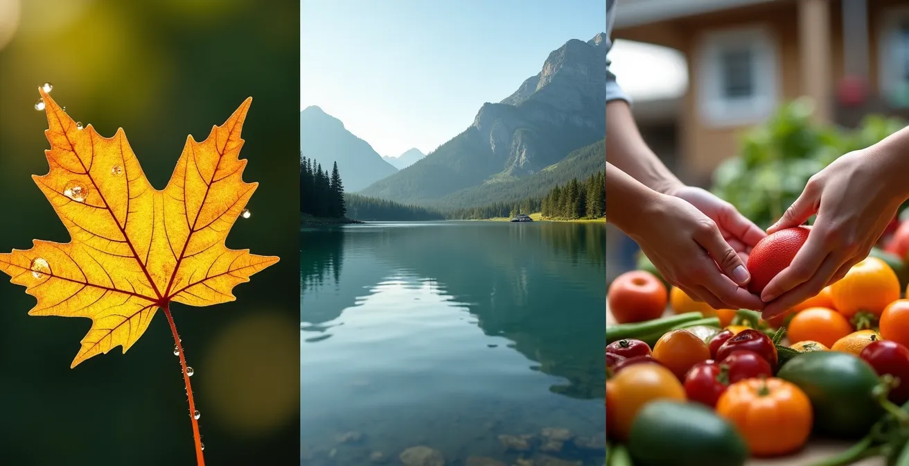 Composition symbolique montrant différents éléments de certification durable : une feuille d'érable avec des gouttes d'eau, un lac de montagne et un échange de produits locaux.