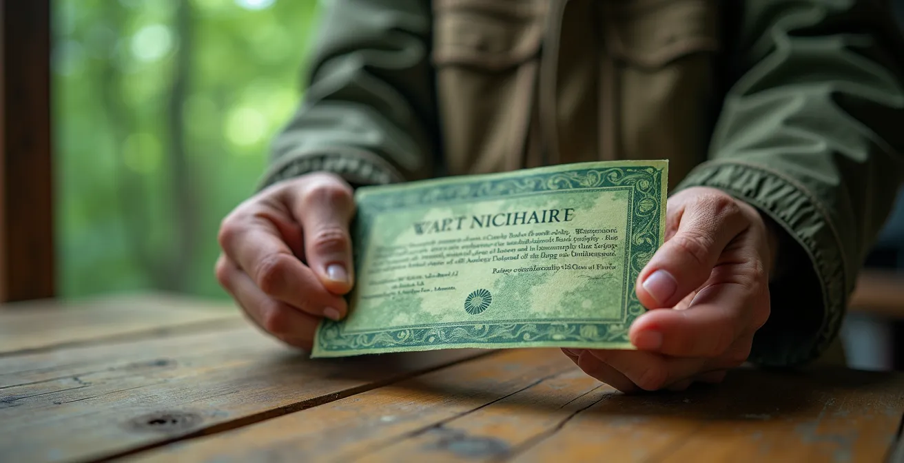 Gros plan d'une main tenant un certificat d'écotourisme avec une forêt floue en arrière-plan symbolisant la confiance et l'authenticité