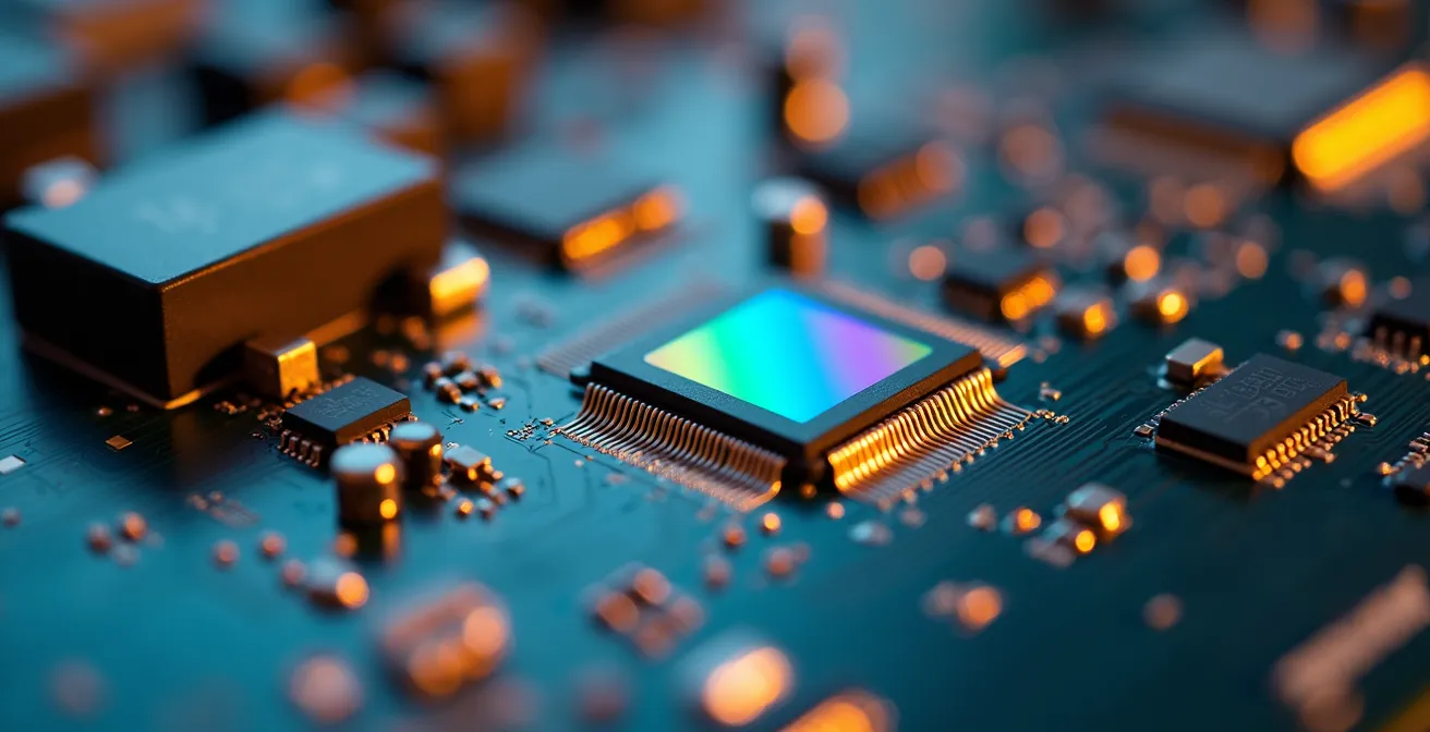 Détail macro d'un circuit imprimé haute technologie avec composants électroniques