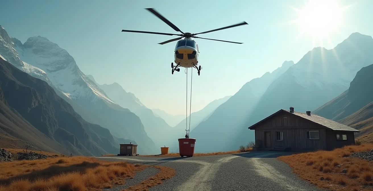 Transport héliporté de conteneurs de déchets depuis un refuge de haute montagne