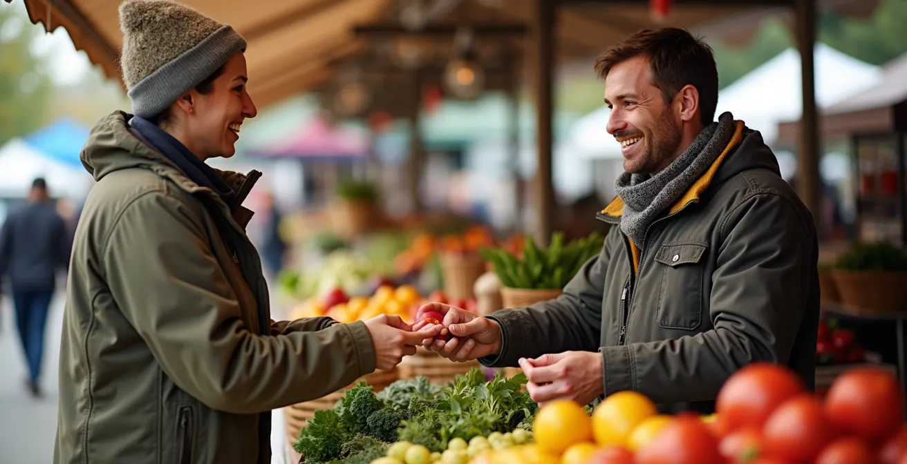 Marché public québécois avec producteurs locaux vendant leurs produits artisanaux