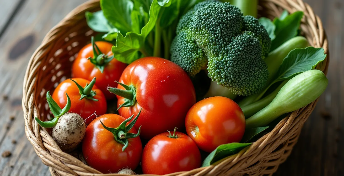 Gros plan sur un panier bio québécois débordant de légumes colorés de saison