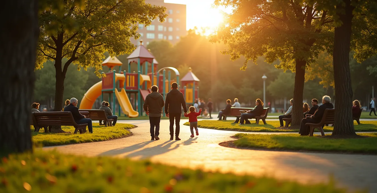 Parc urbain animé avec différentes générations utilisant l'espace de manière variée