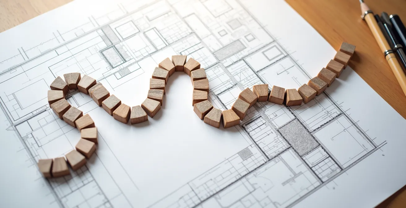 Vue aérienne d'un parcours matérialisé par des jalons et des étapes sur un plan de bureau