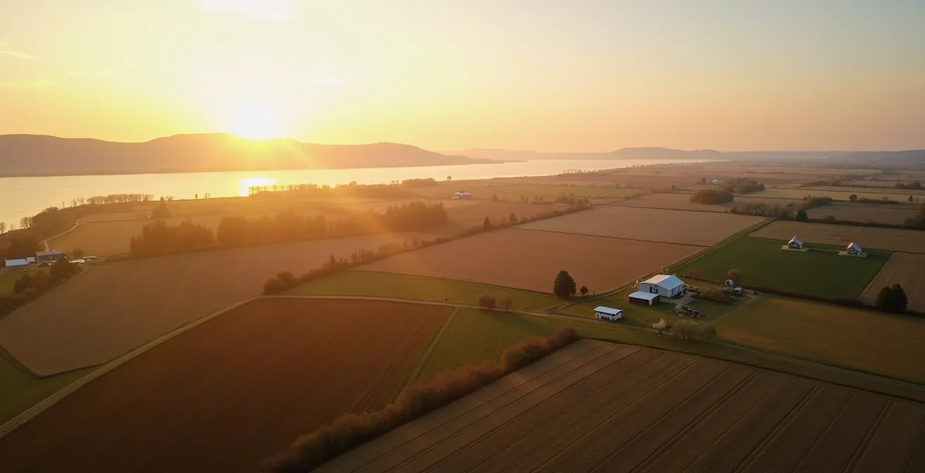 Vue aérienne des terres agricoles du Kamouraska avec le fleuve Saint-Laurent en arrière-plan