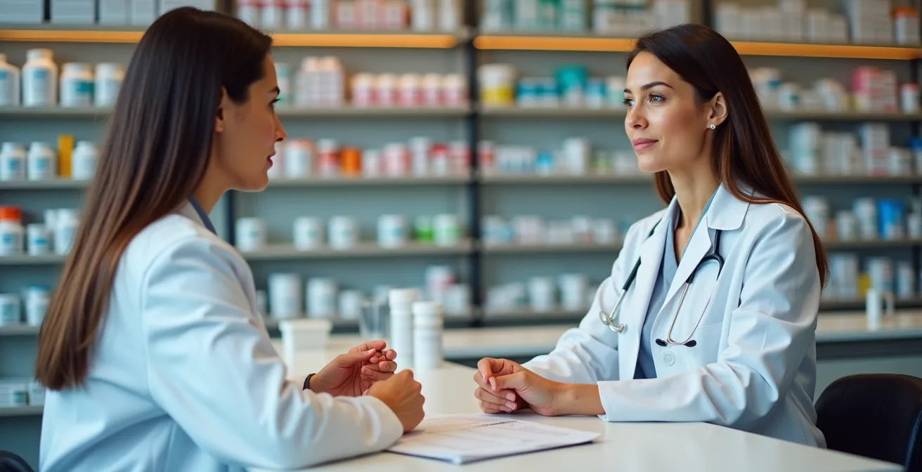 Pharmacien conseillant un patient dans une pharmacie québécoise moderne