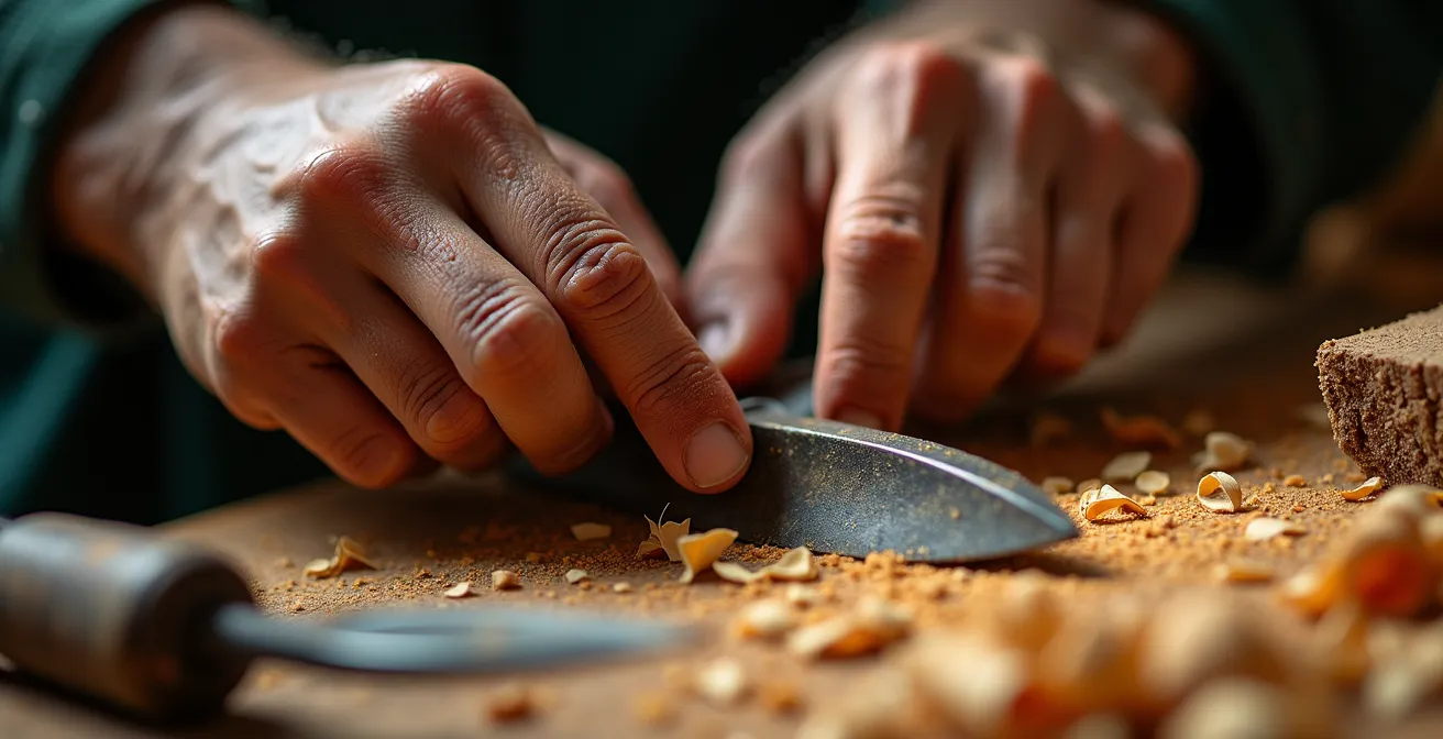 Vue macro d'une main d'artisan travaillant avec des outils traditionnels québécois