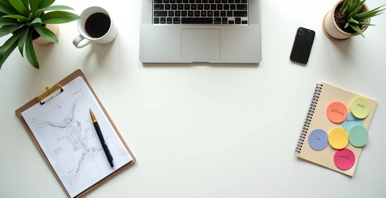 Vue aérienne d'un bureau avec des outils de préparation au réseautage disposés de manière stratégique