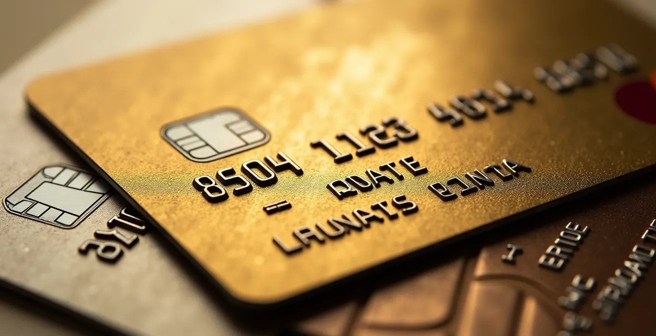 Composition symbolique de cartes de fidélité abstraites avec éléments dorés et argentés