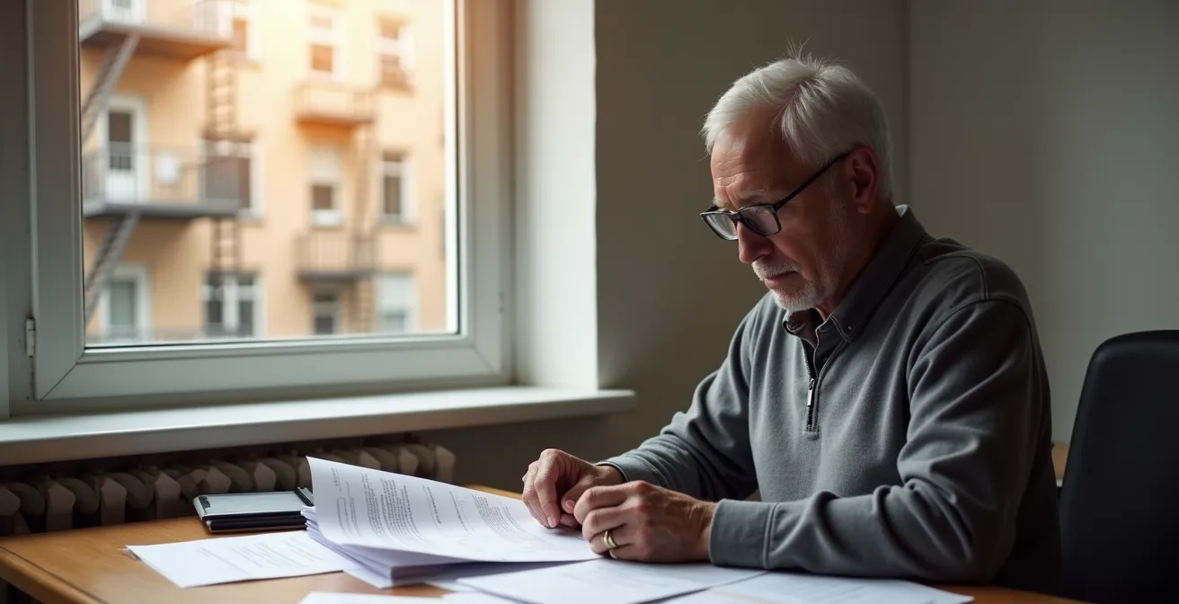 Propriétaire québécois examinant des documents de location dans un bureau lumineux avec vue sur un immeuble à logements