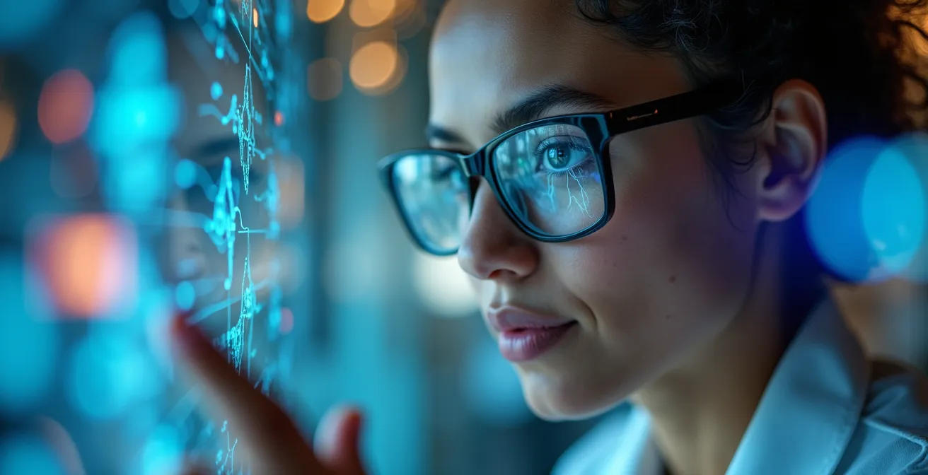 Composition abstraite de connexions lumineuses évoquant un réseau de neurones artificiels