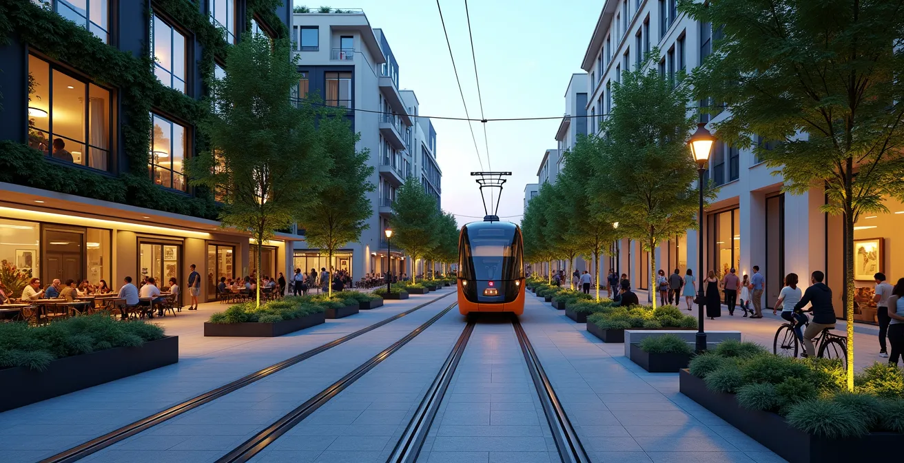 Rue piétonne moderne avec tramway électrique silencieux et végétation abondante, montrant la transformation positive des villes.
