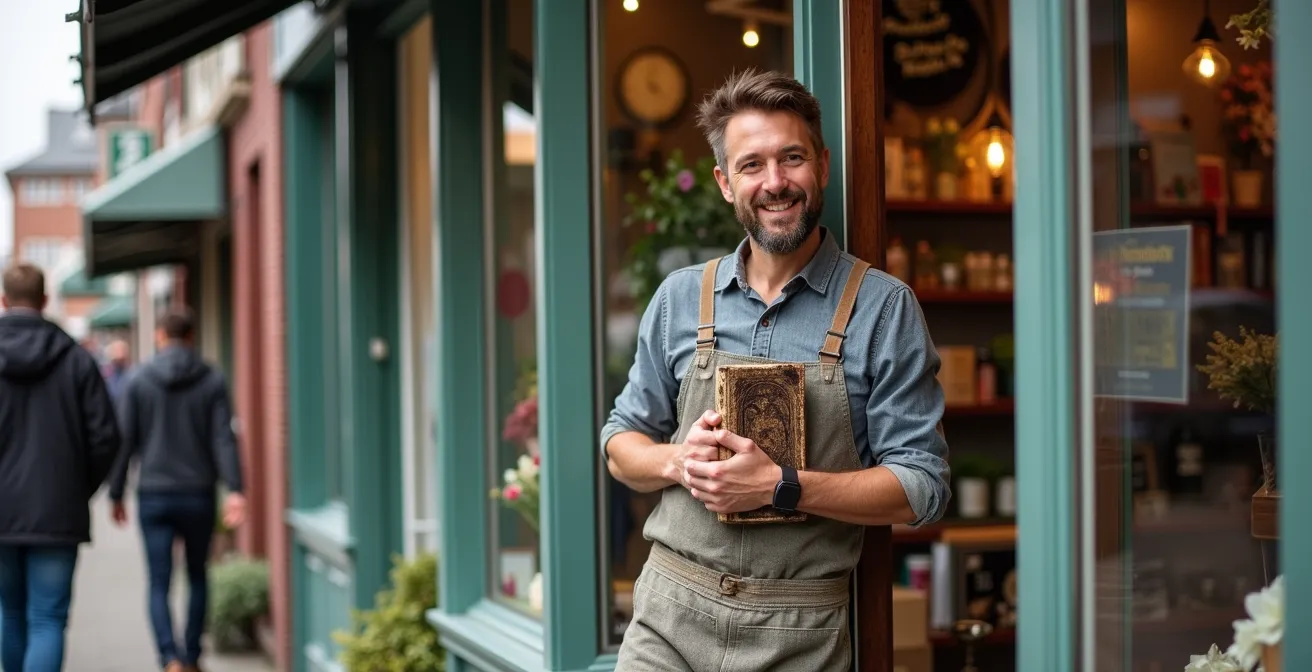Vue aérienne d'une rue commerciale principale québécoise avec ses boutiques locales et passants