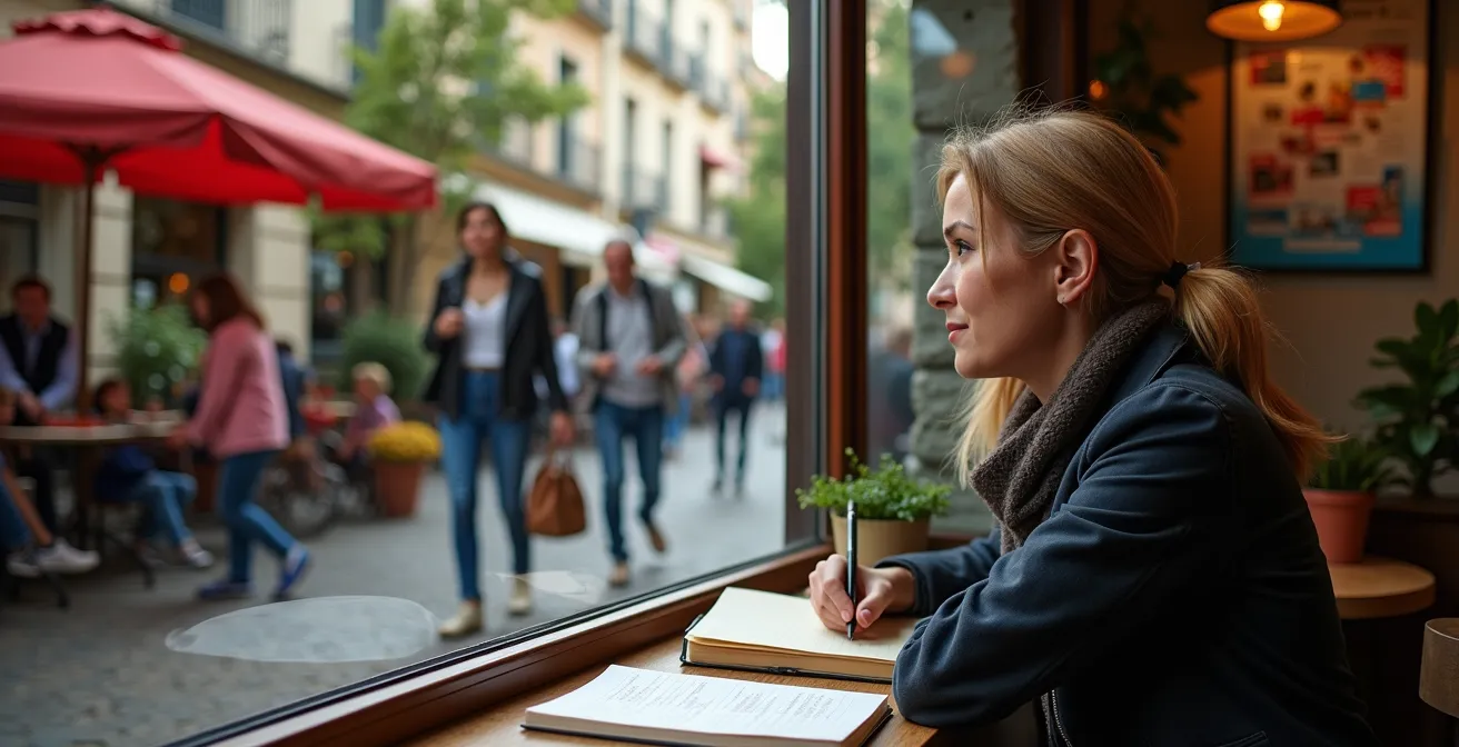 Personne prenant des notes dans un café local avec vue sur la rue animée du quartier