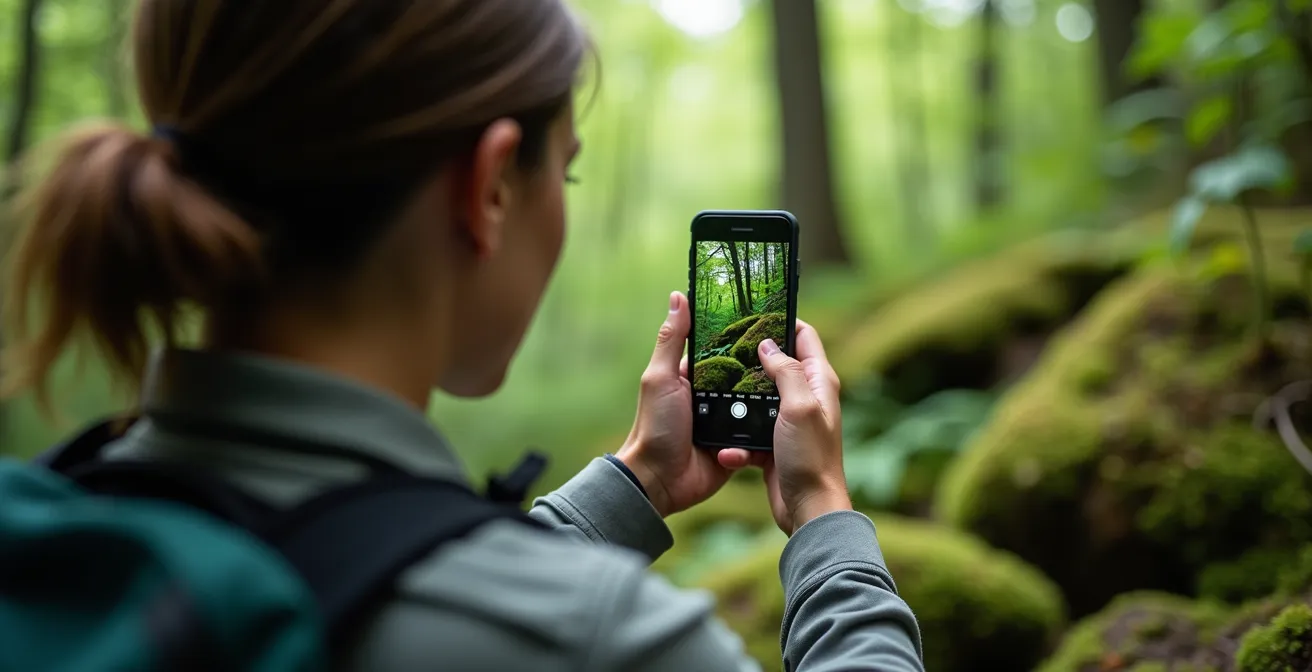 Randonneur de dos utilisant une application mobile sur son téléphone pour identifier la faune et la flore dans une forêt luxuriante du Québec