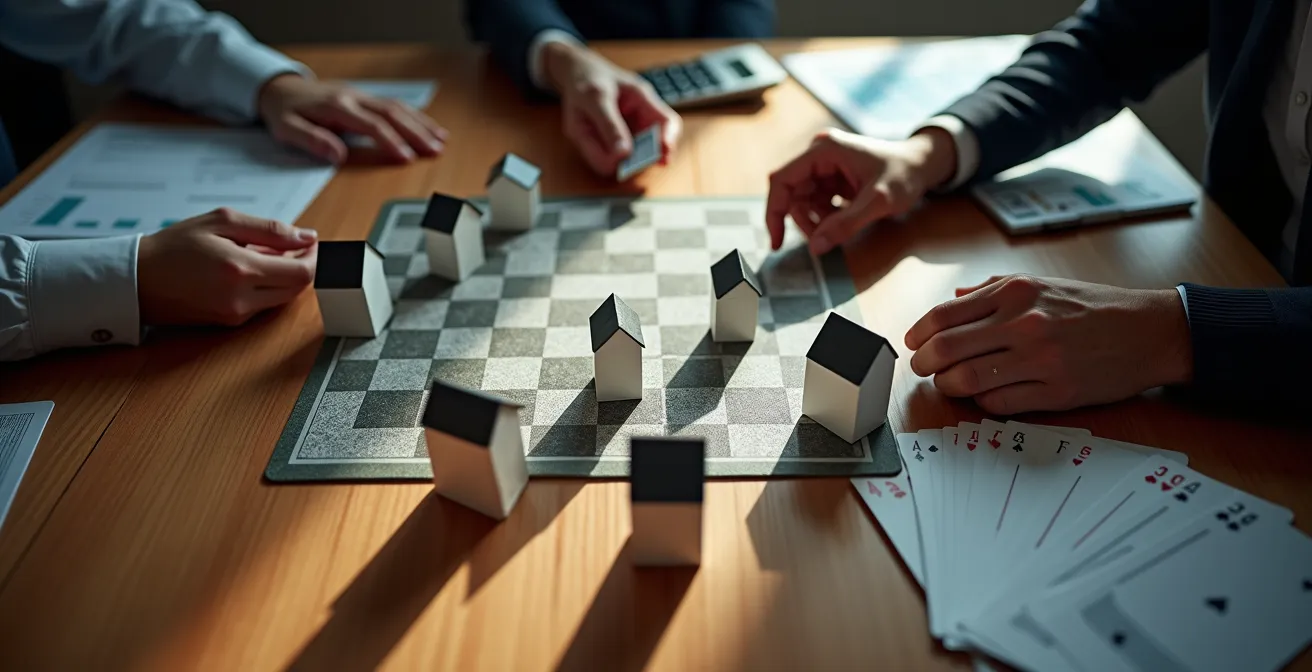Main tenant des cartes à jouer avec maisons miniatures sur table de négociation