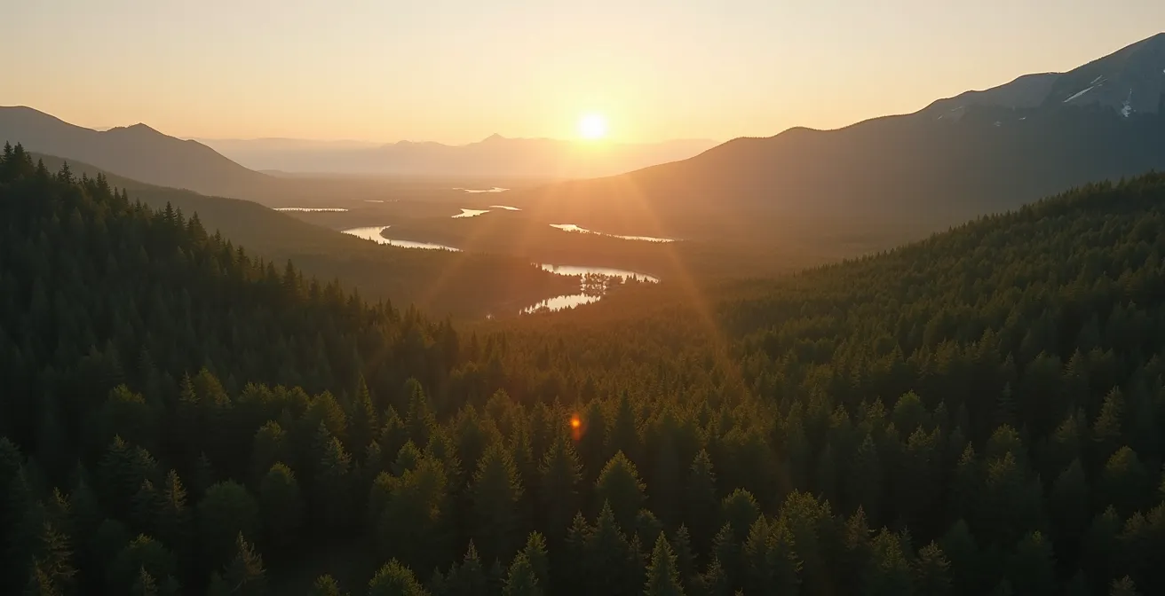 Vue aérienne d'un parc national québécois avec chalets dispersés dans la nature