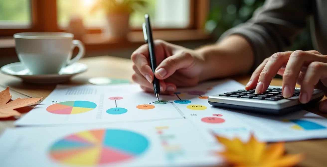 Personne analysant des données de budget voyage sur une surface de travail moderne