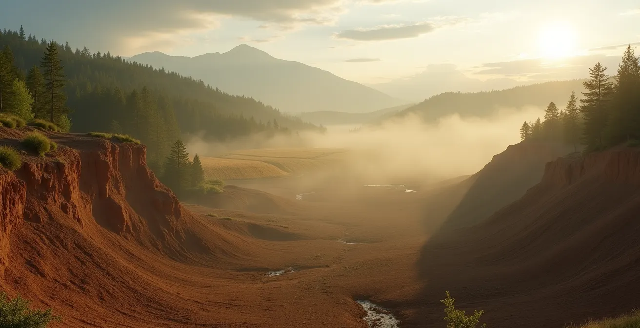 Vue panoramique d'un paysage régional avec ses ressources naturelles : forêt, carrière d'argile, champs de lin