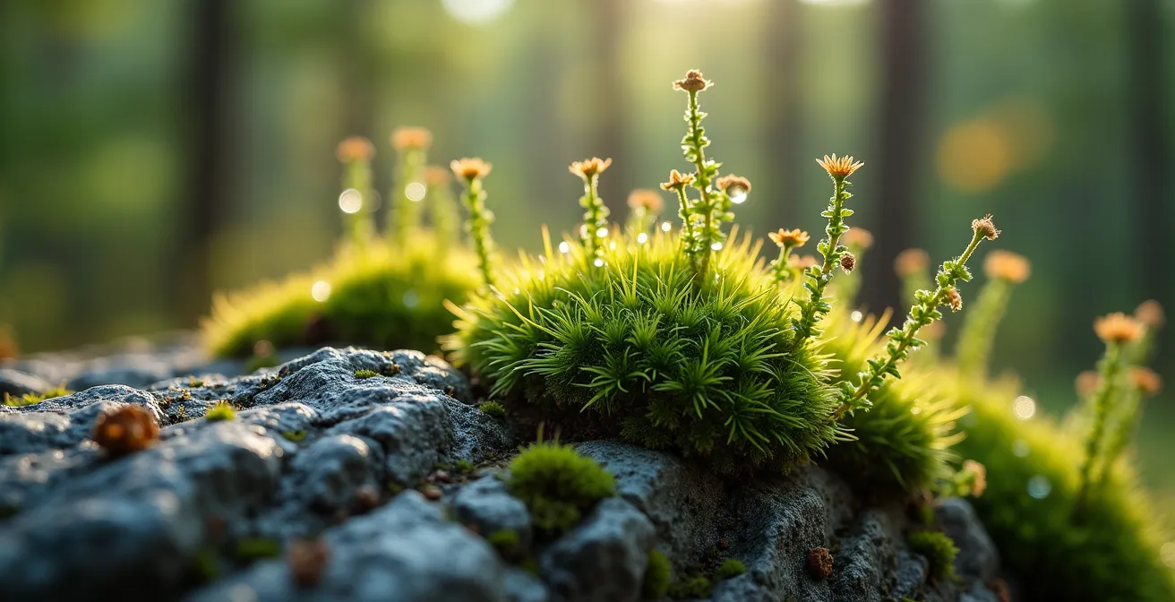 Macro photo de mousse et lichens sur roche québécoise avec rosée matinale