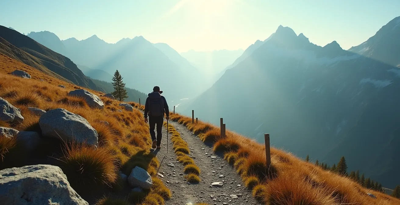 Randonneur marchant sur un sentier balisé dans un environnement naturel préservé