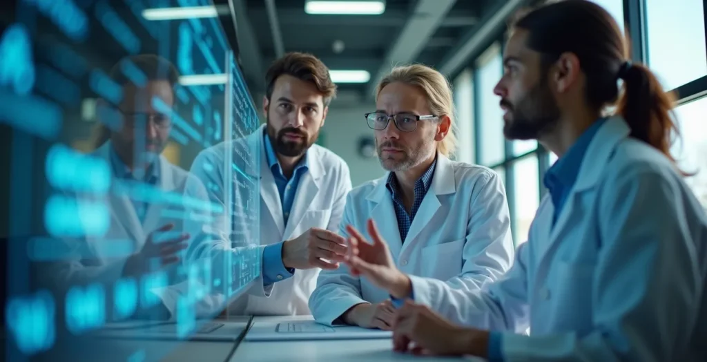 Chercheurs collaborant dans un laboratoire moderne d’intelligence artificielle avec équipements de pointe
